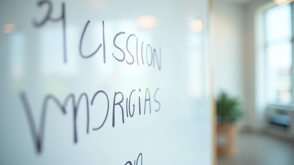 Whiteboard with mission statement and company values written in clear handwriting