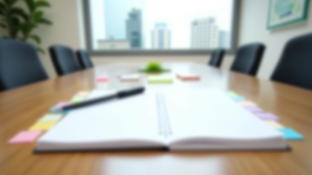 Team meeting room with OKR planning session, sticky notes and markers on table