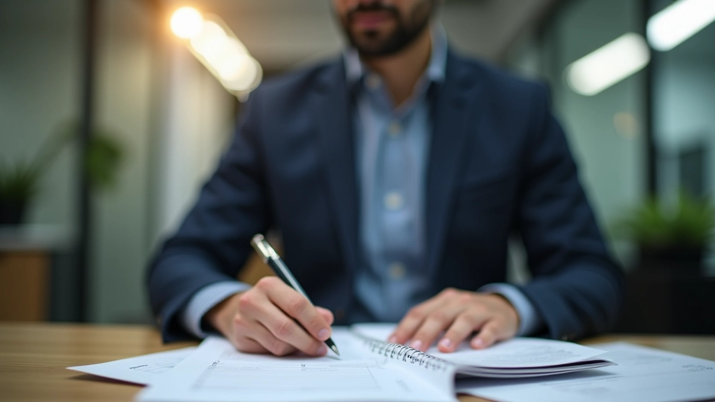 Manager reviewing quarterly progress with structured checklist and notebook on desk
