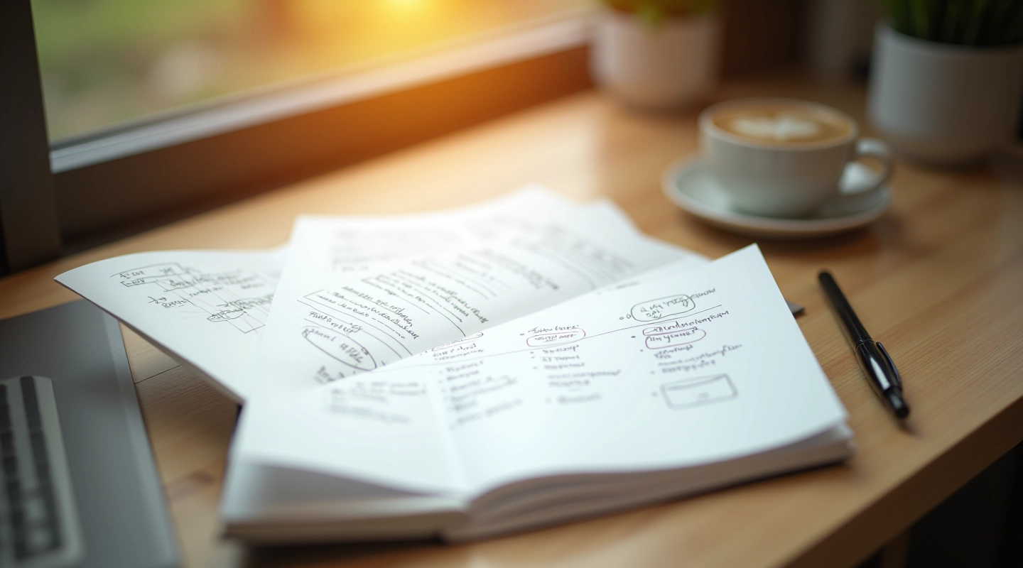 Notebook with OKR framework written on a desk with pen and coffee